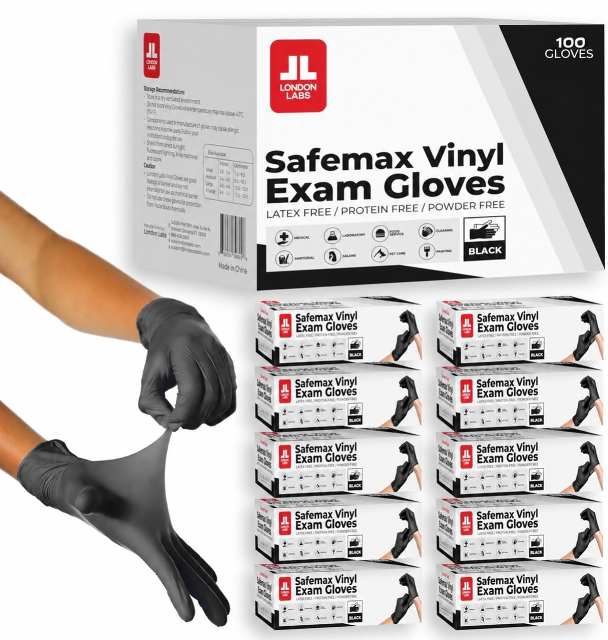Safemax Black Vinyl Exam Gloves – 100 Count | Powder-Free & Latex-Free